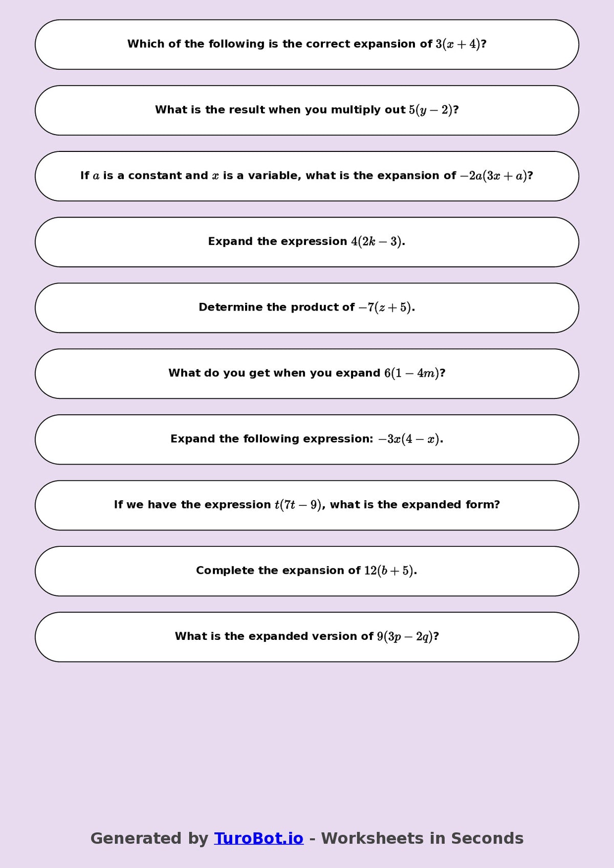 Year 8 Math Worksheet – Expand Single Brackets 2
