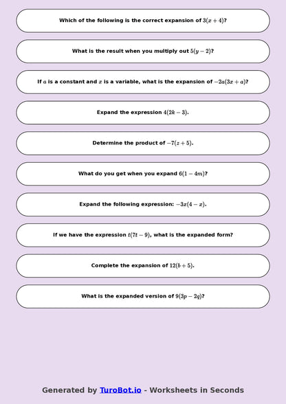 Year 8 Math Worksheet – Expand Single Brackets 2
