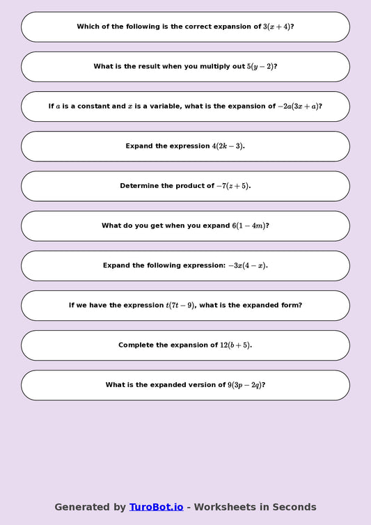 Year 8 Math Worksheet – Expand Single Brackets 2