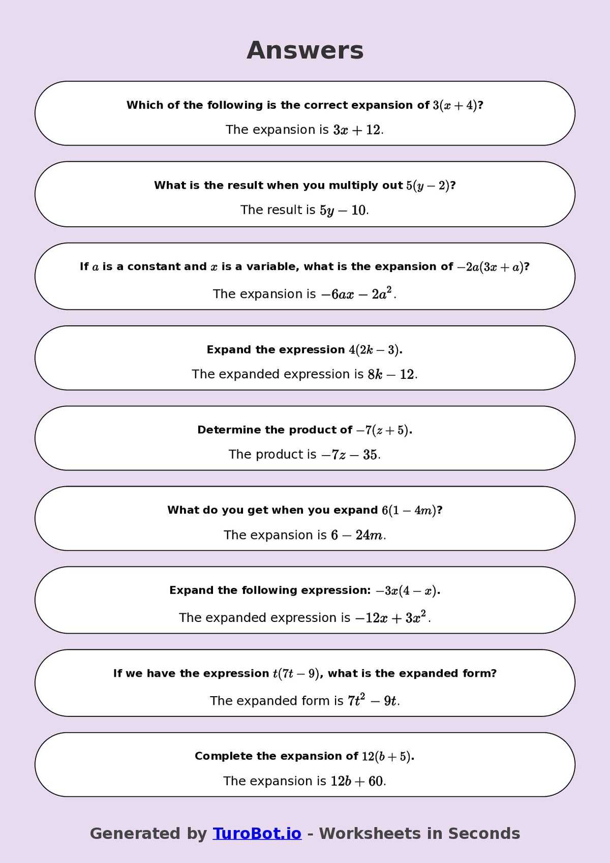 Year 8 Math Worksheet – Expand Single Brackets 2