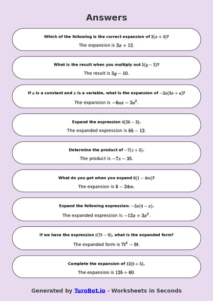 Year 8 Math Worksheet – Expand Single Brackets 2