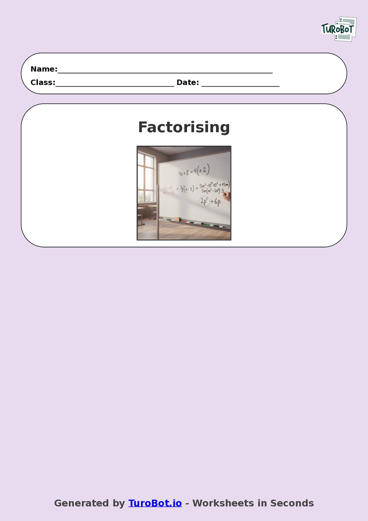 Year 8 Math Worksheet – Factorising Basic Expressions