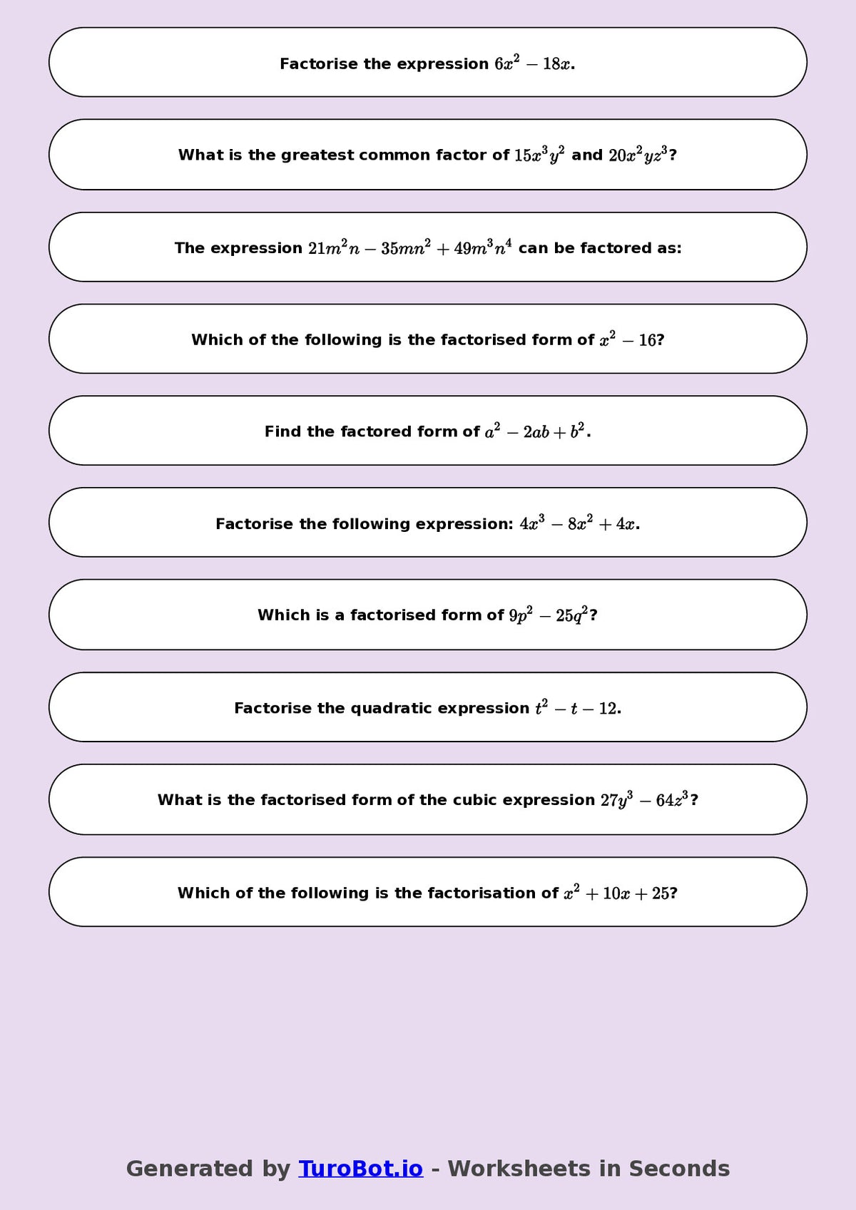 Year 8 Math Worksheet – Factorising Basic Expressions