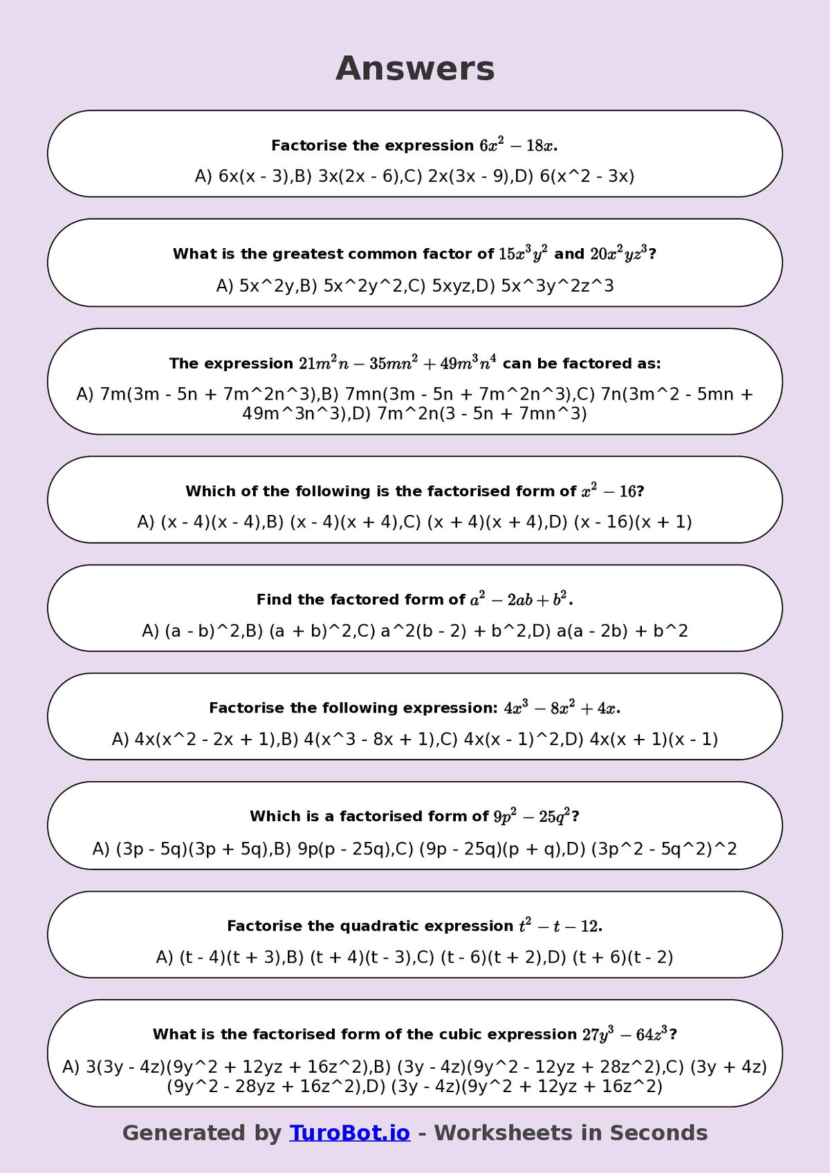 Year 8 Math Worksheet – Factorising Basic Expressions
