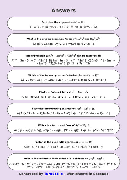 Year 8 Math Worksheet – Factorising Basic Expressions