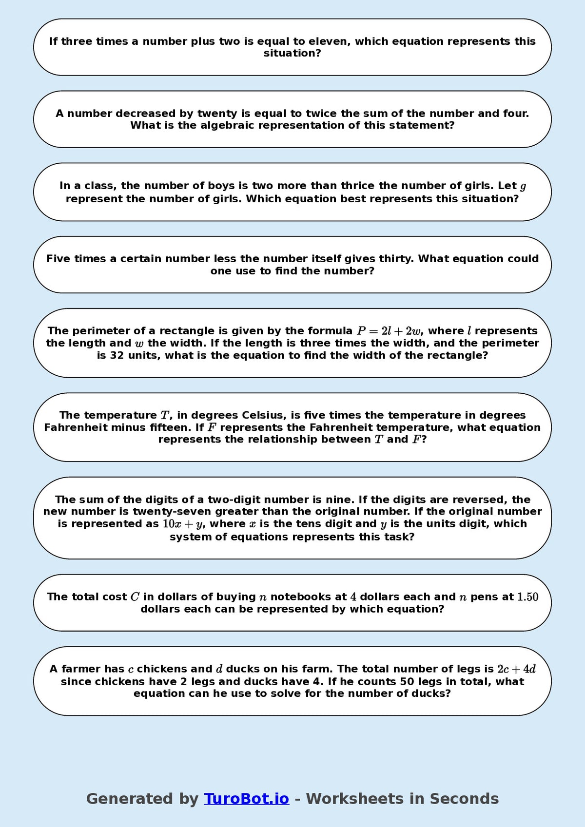 Year 8 Math Worksheet – Forming Linear Equations 2