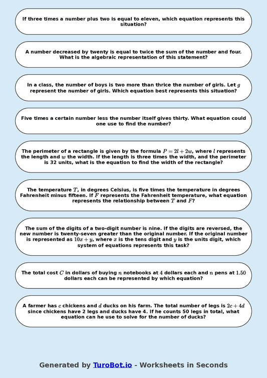 Year 8 Math Worksheet – Forming Linear Equations 2