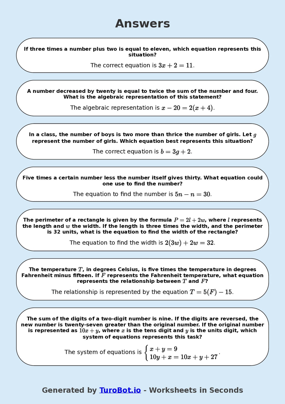 Year 8 Math Worksheet – Forming Linear Equations 2