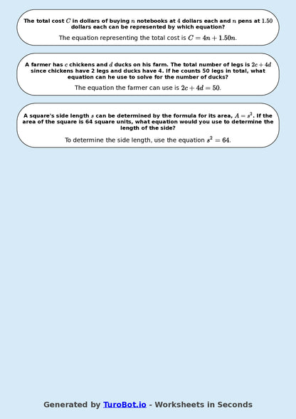 Year 8 Math Worksheet – Forming Linear Equations 2