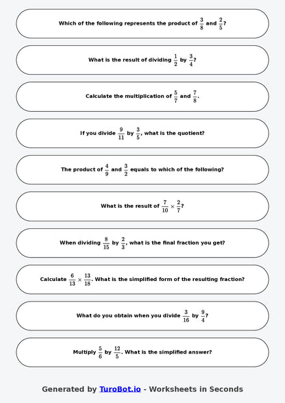 Year 8 Math Worksheet – Fraction Operations - Multiply and Divide 2