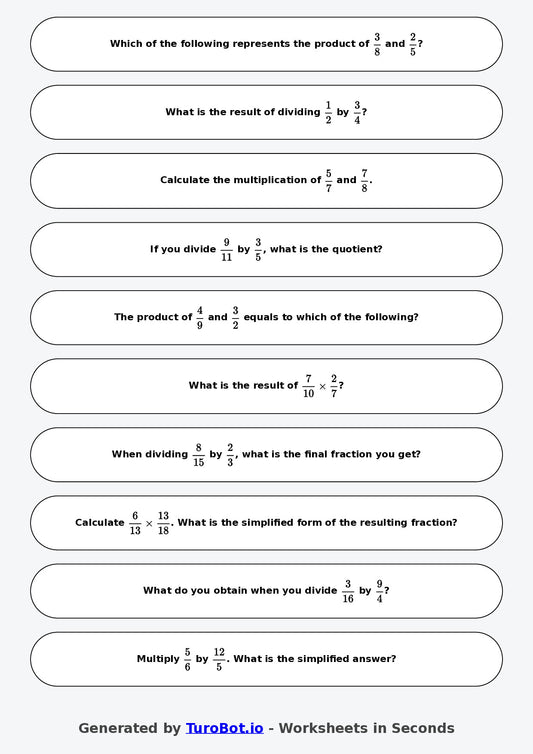 Year 8 Math Worksheet – Fraction Operations - Multiply and Divide 2