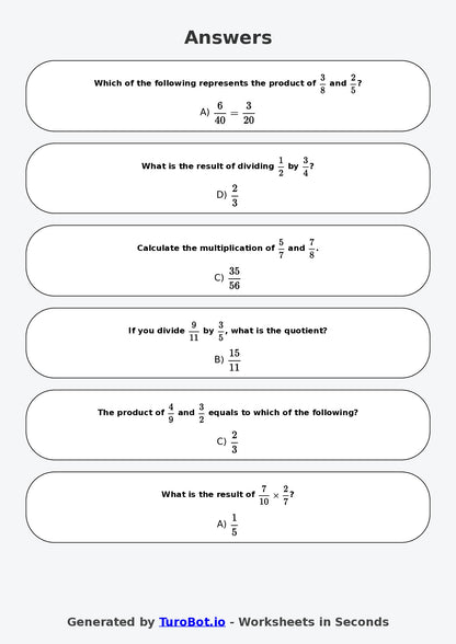 Year 8 Math Worksheet – Fraction Operations - Multiply and Divide 2