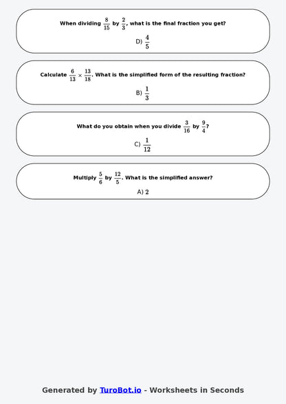 Year 8 Math Worksheet – Fraction Operations - Multiply and Divide 2