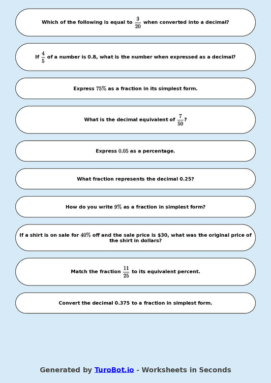 Year 8 Math Multiple Choice Worksheet – Fraction, Decimal and Percent Matching 2