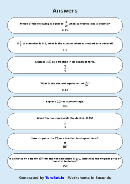 Year 8 Math Multiple Choice Worksheet – Fraction, Decimal and Percent Matching 2