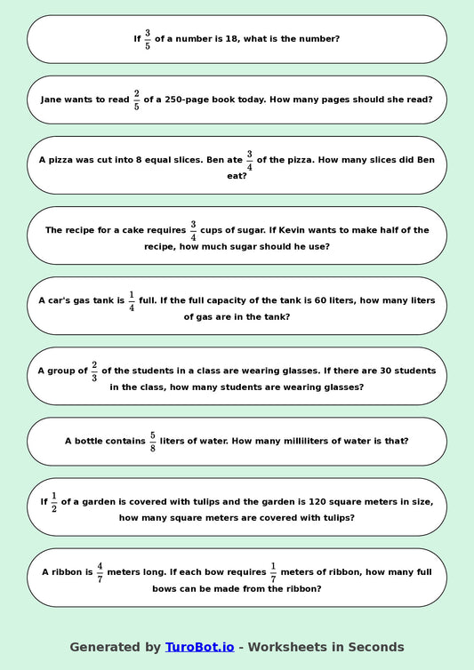 Year 8 Math Worksheet – Fraction of a Quantity 2
