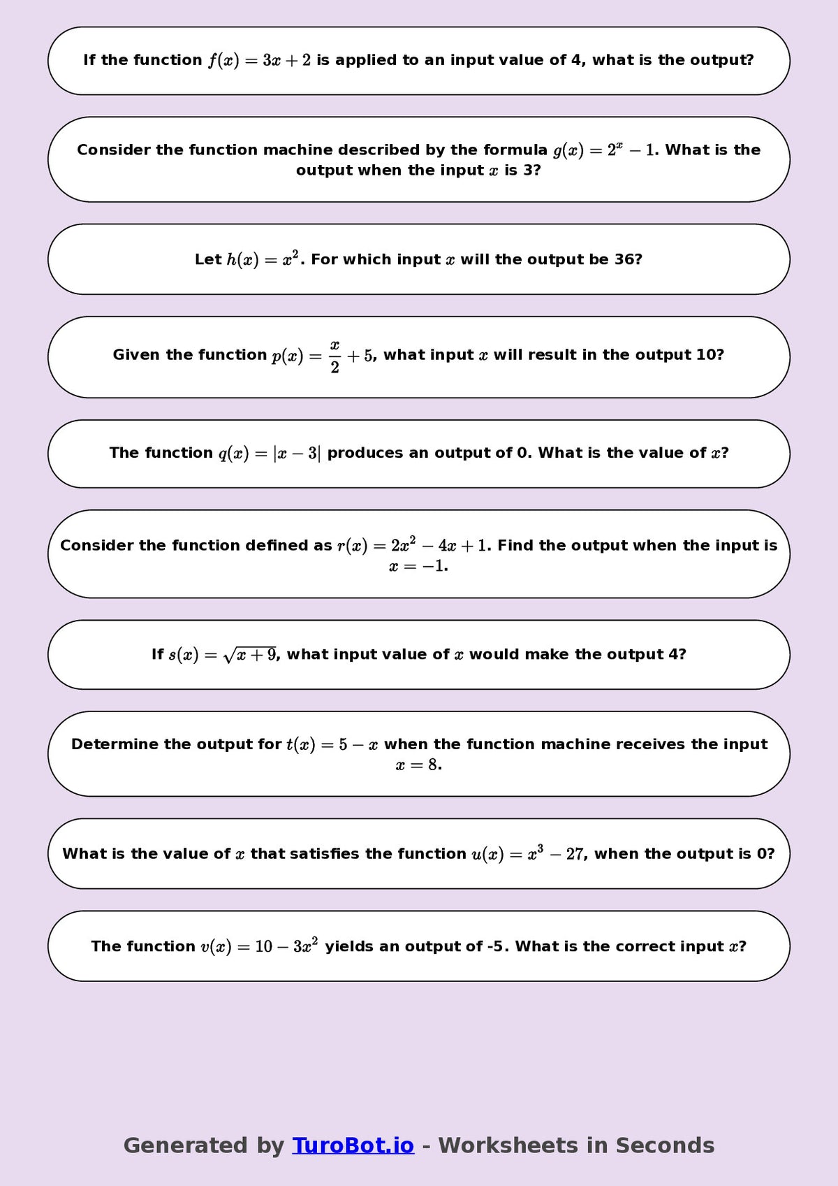Year 8 Math Multiple Choice Worksheet – Function Machines 2