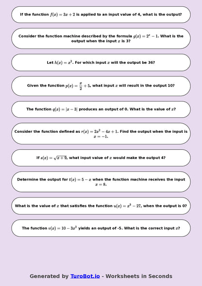 Year 8 Math Multiple Choice Worksheet – Function Machines 2