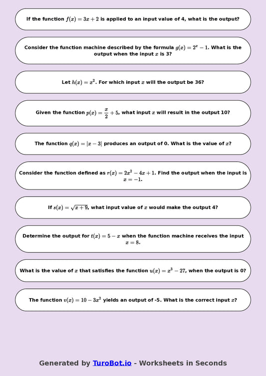 Year 8 Math Multiple Choice Worksheet – Function Machines 2