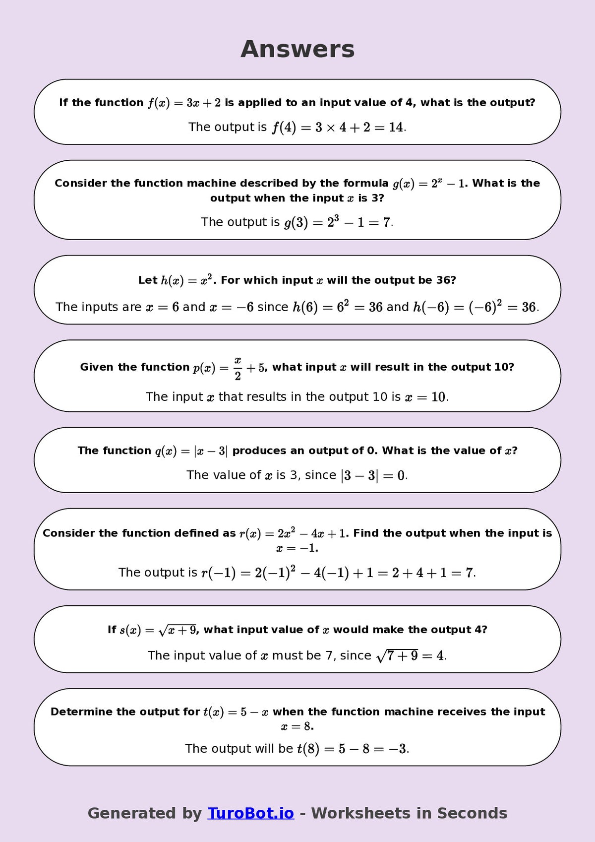 Year 8 Math Multiple Choice Worksheet – Function Machines 2