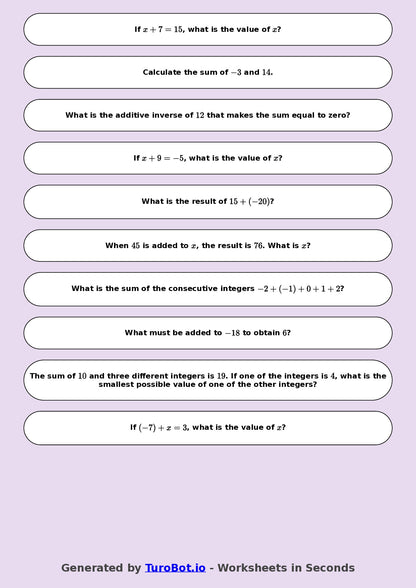 Year 8 Math Worksheet – Integer Addition 2