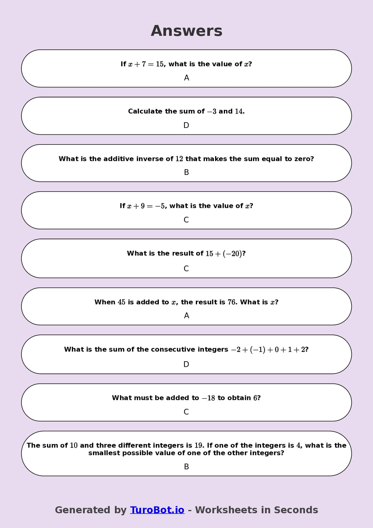 Year 8 Math Worksheet – Integer Addition 2