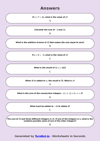 Year 8 Math Worksheet – Integer Addition 2