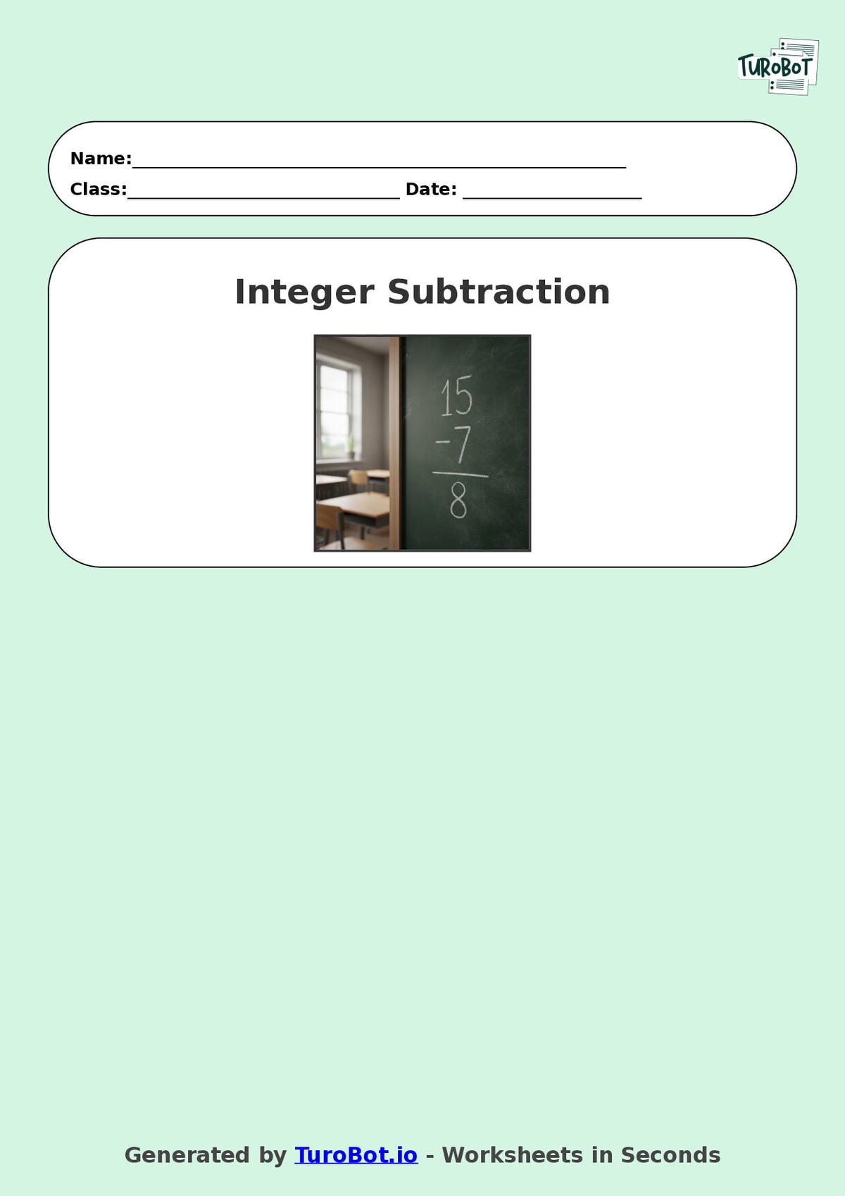 Year 8 Math Worksheet – Integer Subtraction