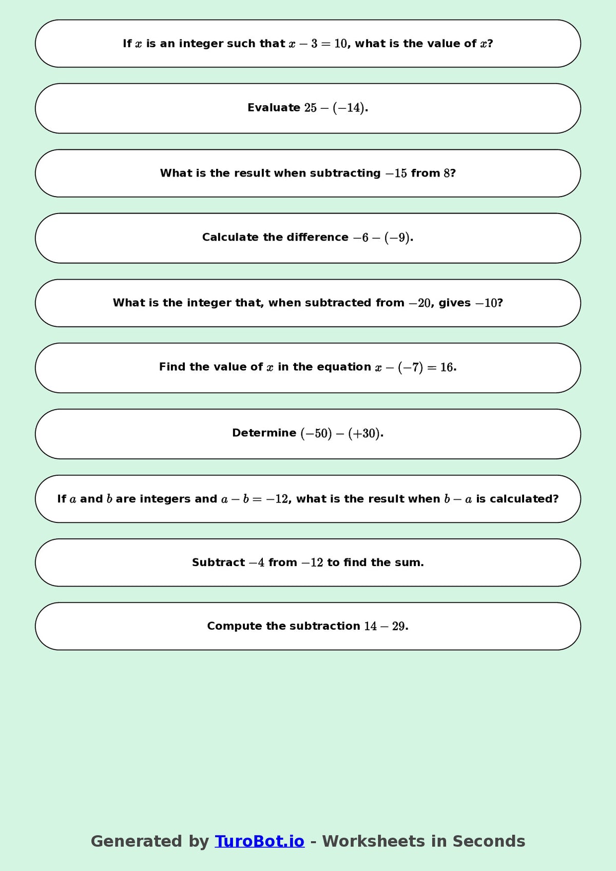 Year 8 Math Worksheet – Integer Subtraction