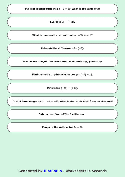 Year 8 Math Worksheet – Integer Subtraction