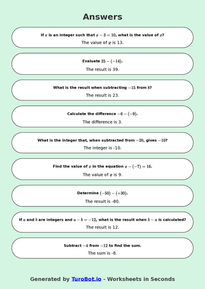 Year 8 Math Worksheet – Integer Subtraction