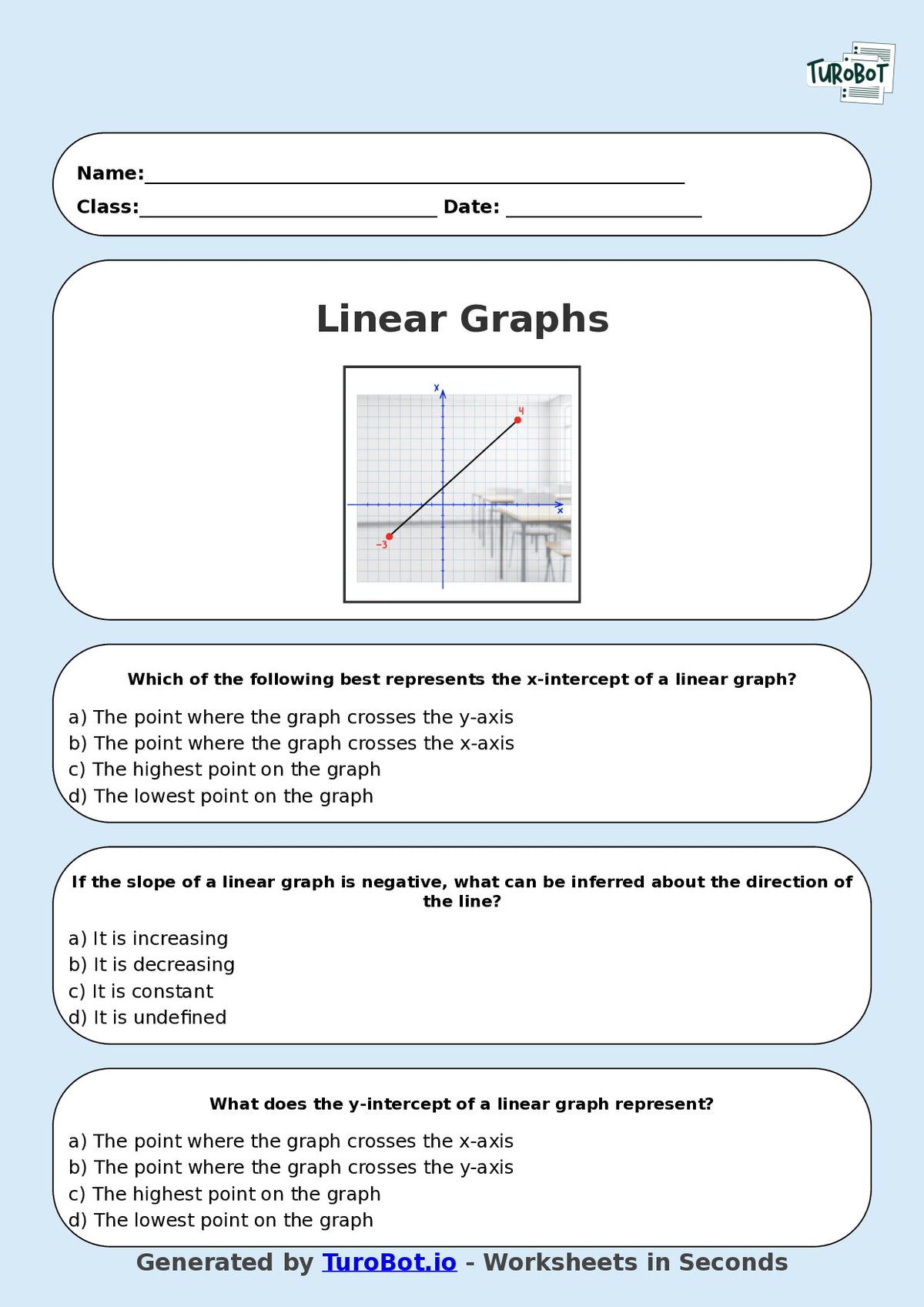 Year 8 Math Multiple Choice Worksheet – Intro to Linear Graph Interpretation
