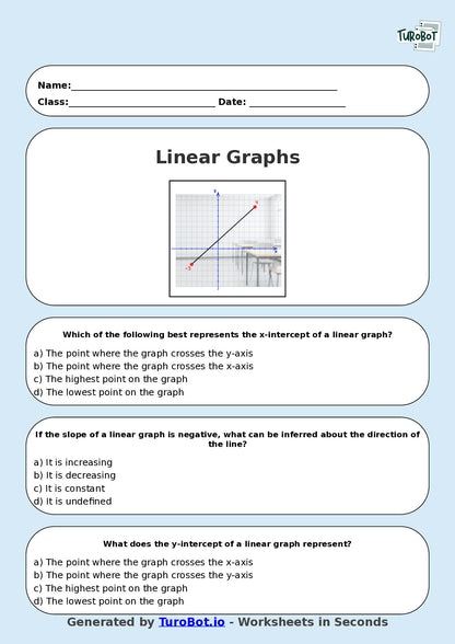 Year 8 Math Multiple Choice Worksheet – Intro to Linear Graph Interpretation