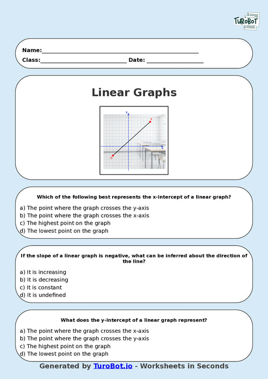 Year 8 Math Multiple Choice Worksheet – Intro to Linear Graph Interpretation