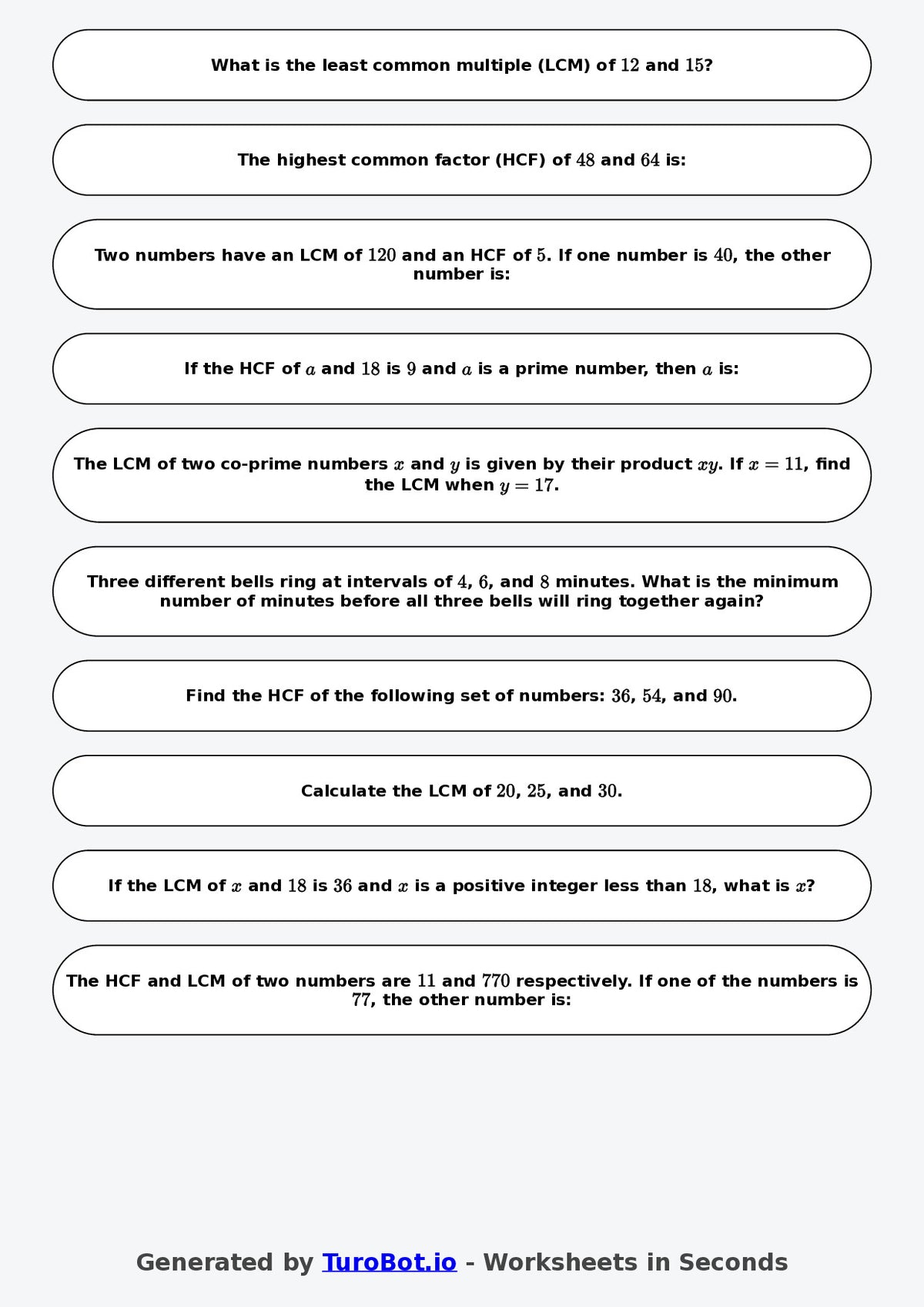 Year 8 Math Worksheet – LCM and HCF 2