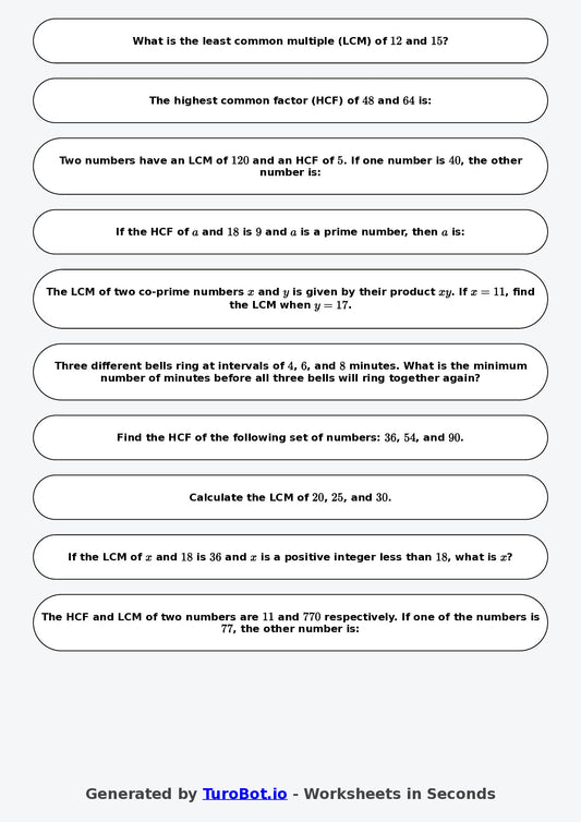 Year 8 Math Worksheet – LCM and HCF 2