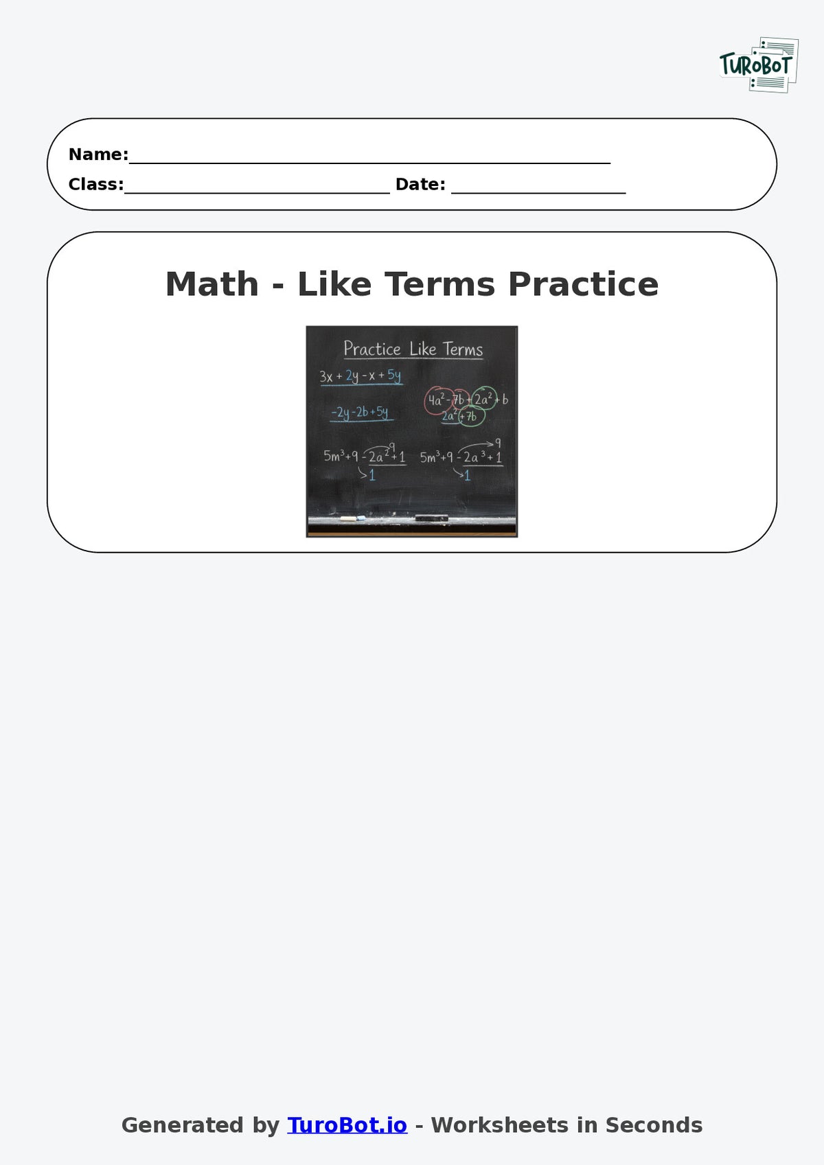 Year 8 Math Worksheet – Like Terms Practice