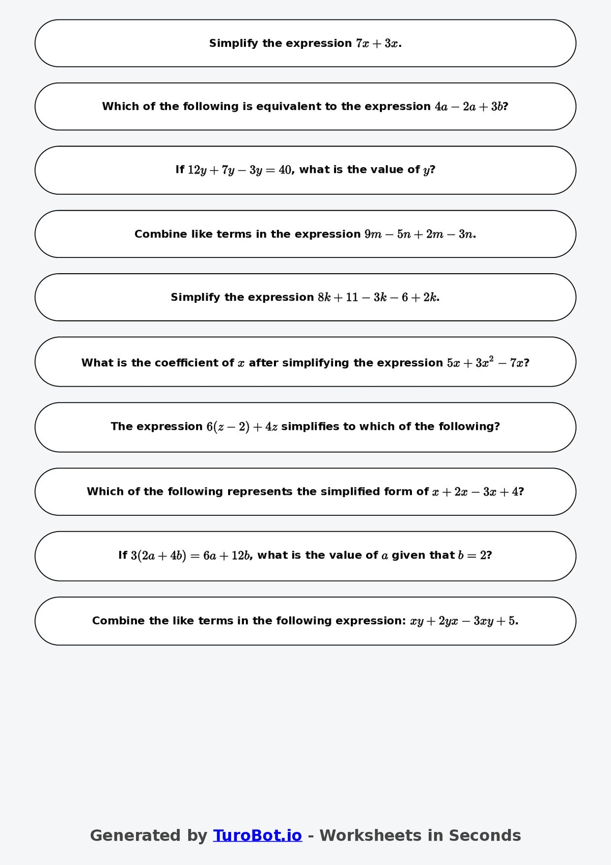 Year 8 Math Worksheet – Like Terms Practice