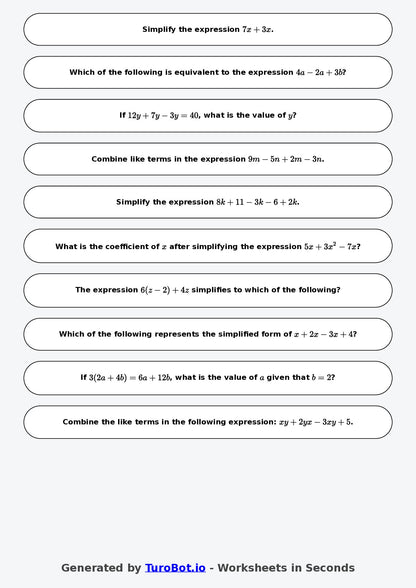 Year 8 Math Worksheet – Like Terms Practice