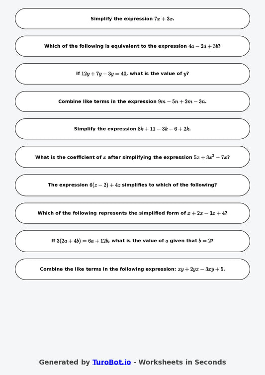 Year 8 Math Worksheet – Like Terms Practice