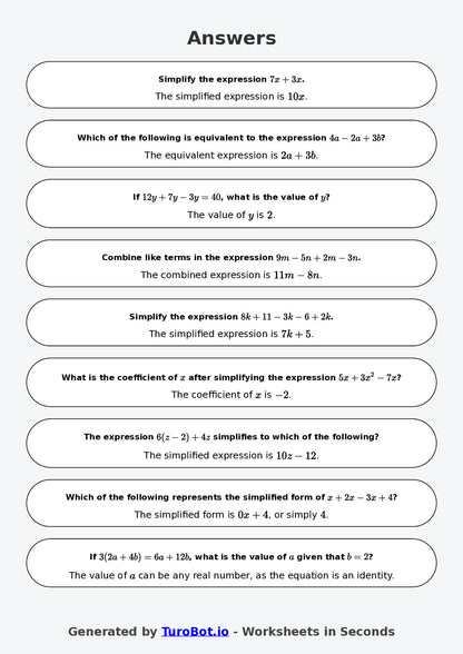 Year 8 Math Worksheet – Like Terms Practice