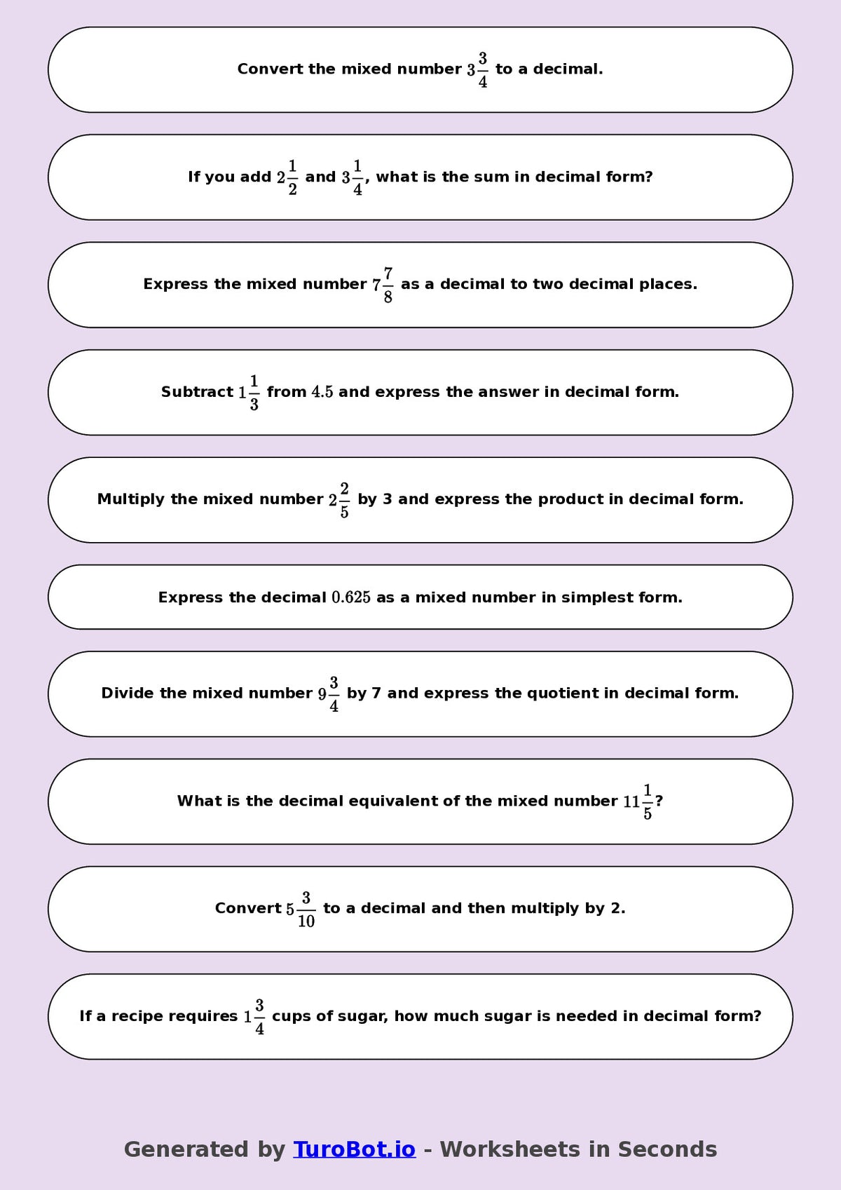 Year 8 Math Worksheet – Mixed Numbers to Decimals