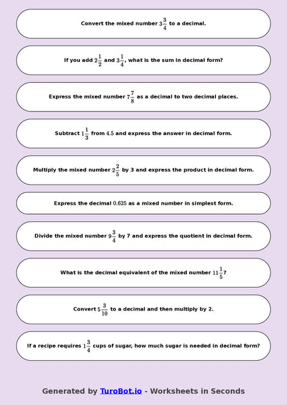 Year 8 Math Worksheet – Mixed Numbers to Decimals