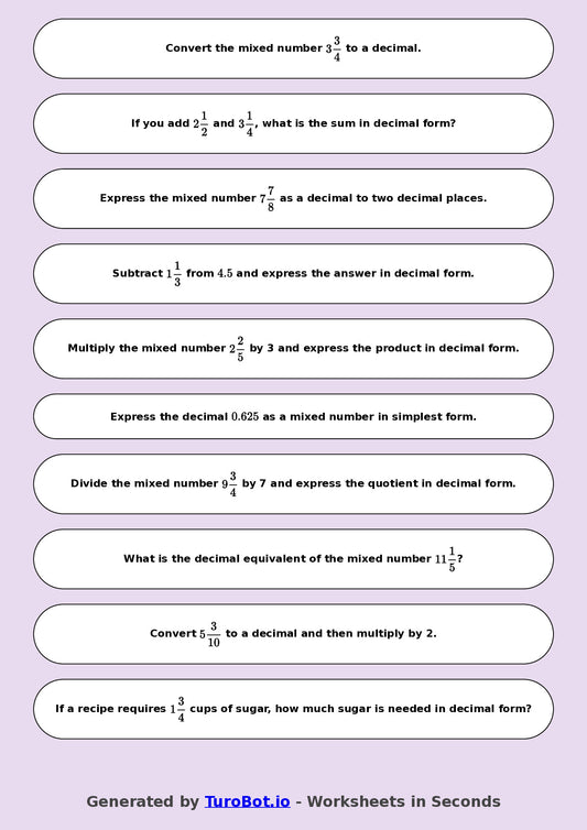 Year 8 Math Worksheet – Mixed Numbers to Decimals