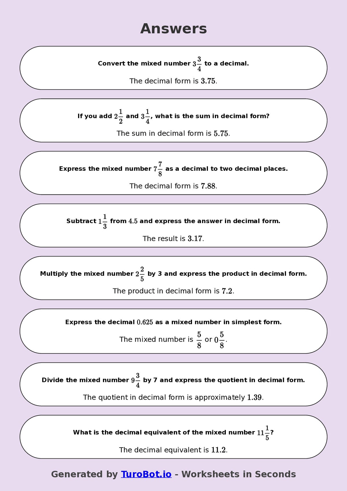 Year 8 Math Worksheet – Mixed Numbers to Decimals
