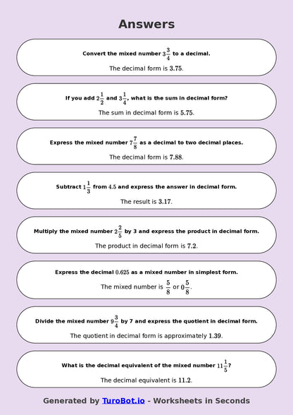 Year 8 Math Worksheet – Mixed Numbers to Decimals