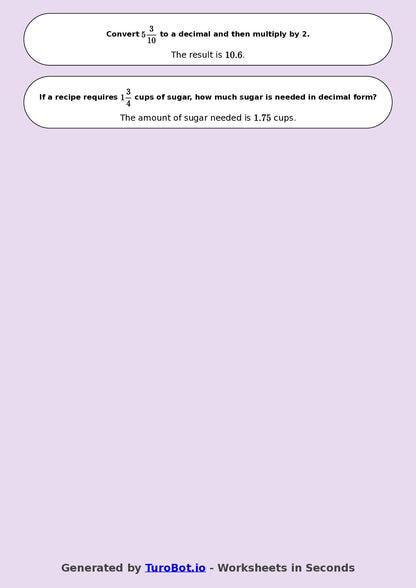 Year 8 Math Worksheet – Mixed Numbers to Decimals