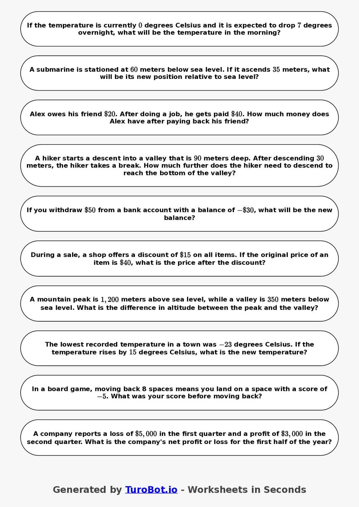 Year 8 Math Worksheet – Negative Number Word Problems 2