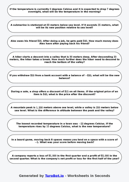 Year 8 Math Worksheet – Negative Number Word Problems 2