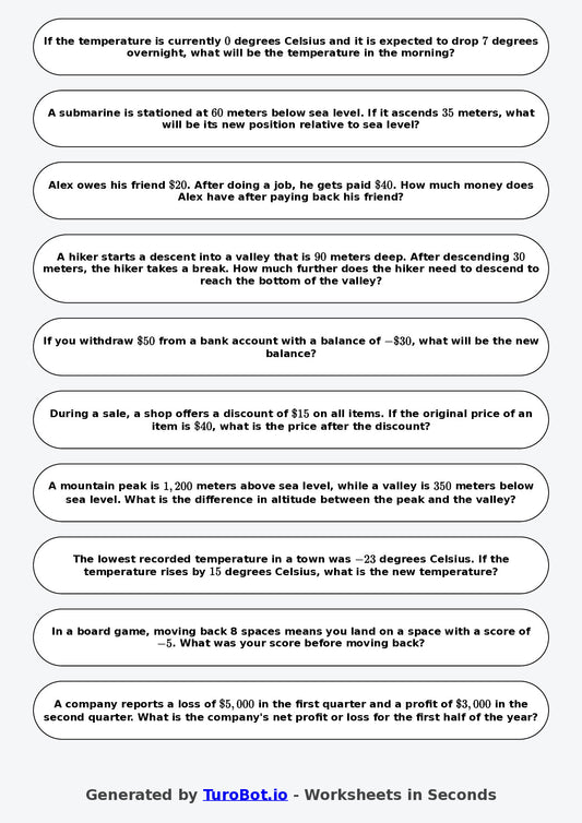 Year 8 Math Worksheet – Negative Number Word Problems 2